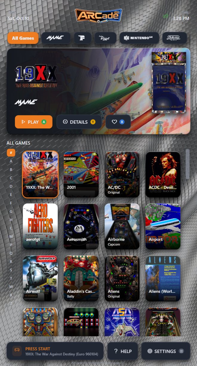 The ARCadeOS main library screen