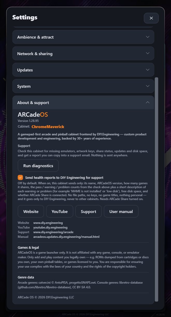 The About and support settings section