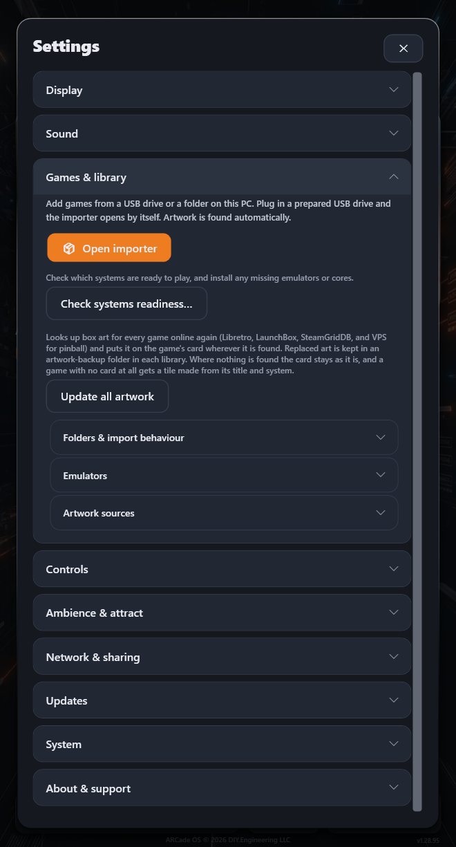 Settings, Games and library section