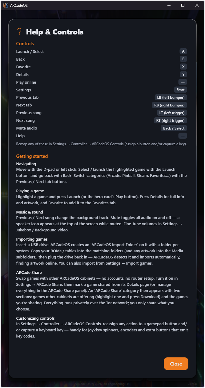 ARCadeOS help and controls