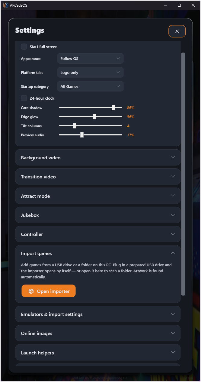 ARCadeOS settings